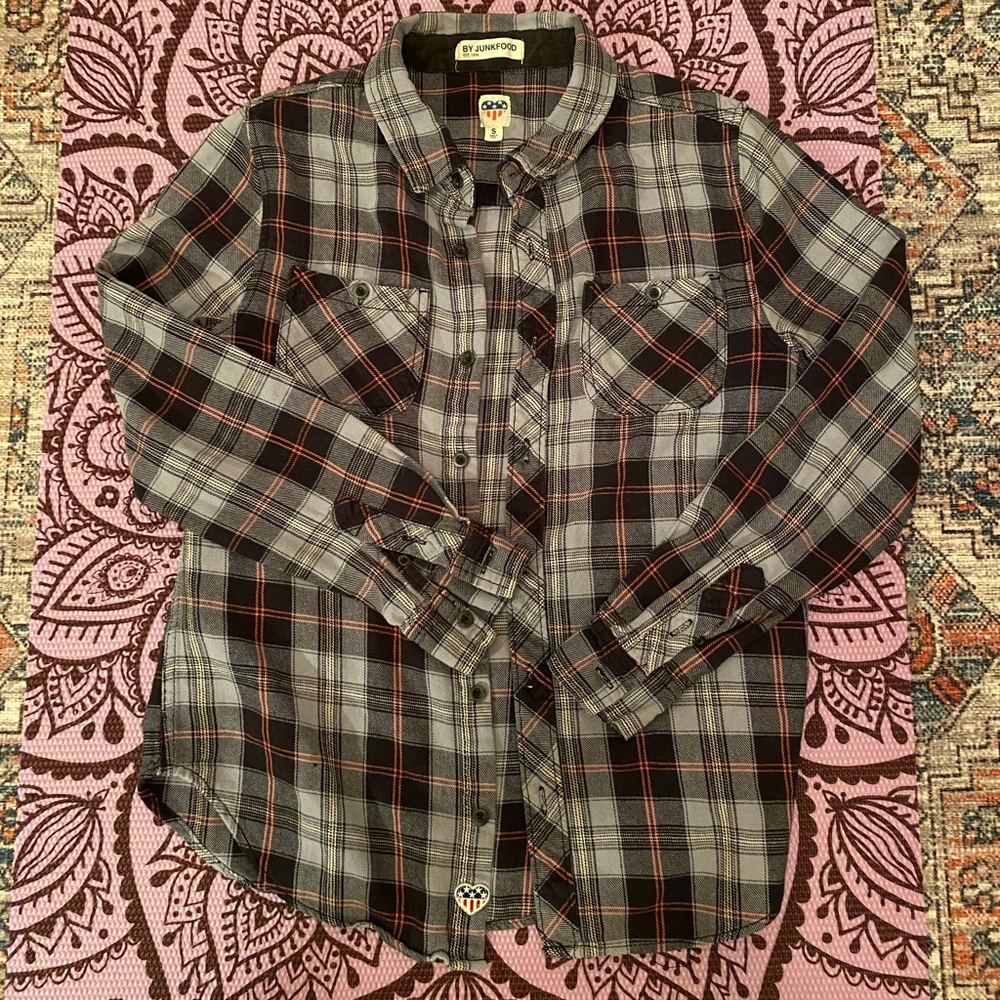 Blue-gray, black and pink plaid denim shirt by Junkfood